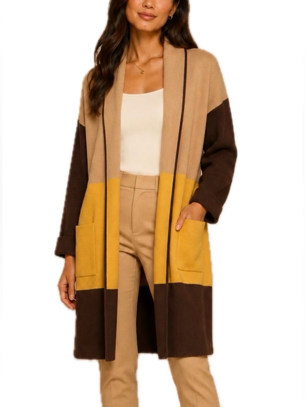 Marina‎ V Paris Colorblock Knit V-Neck Open Front Pocket Cardigan Sweater T3